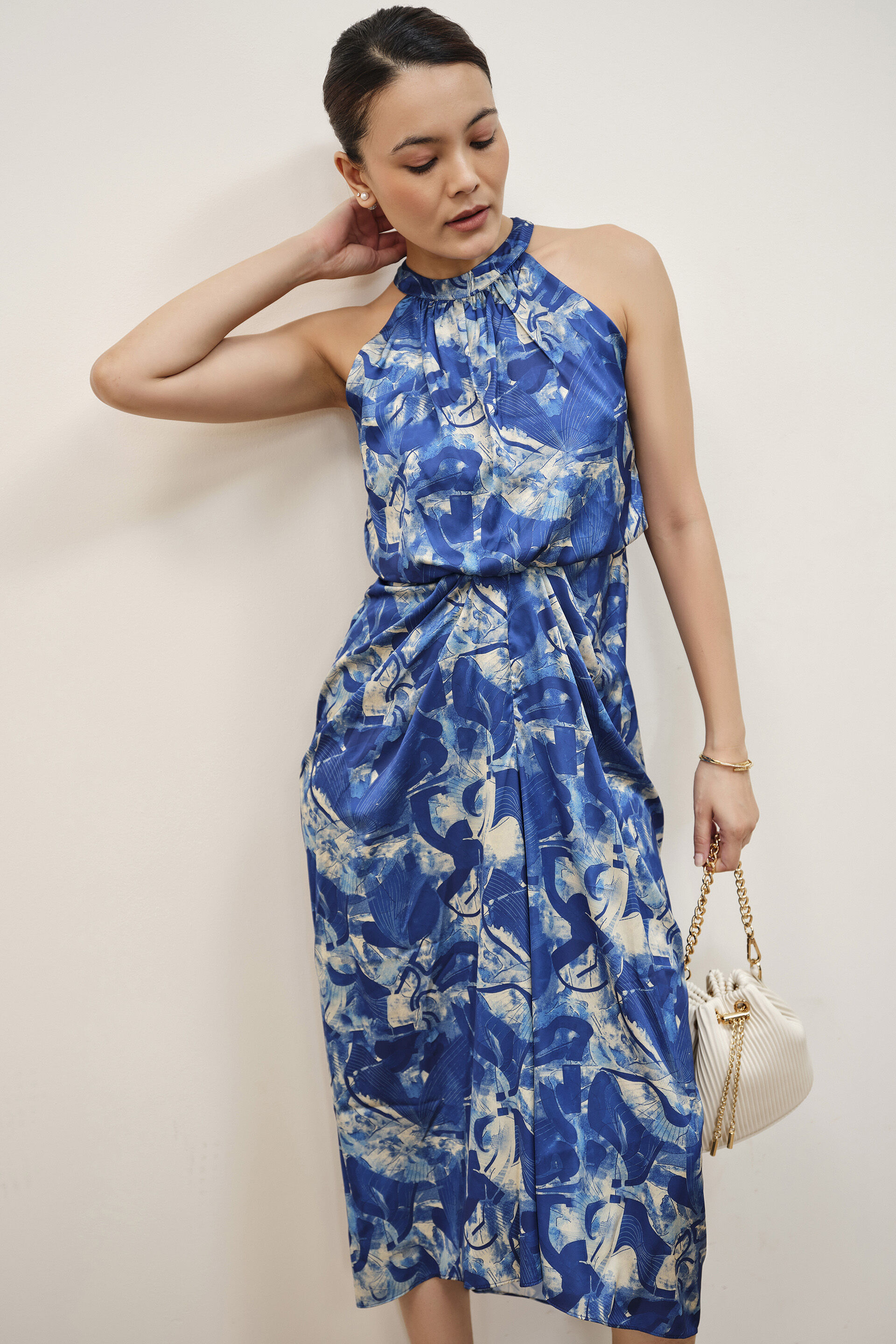 Blue Draped Halter Dress, Blue, image 2